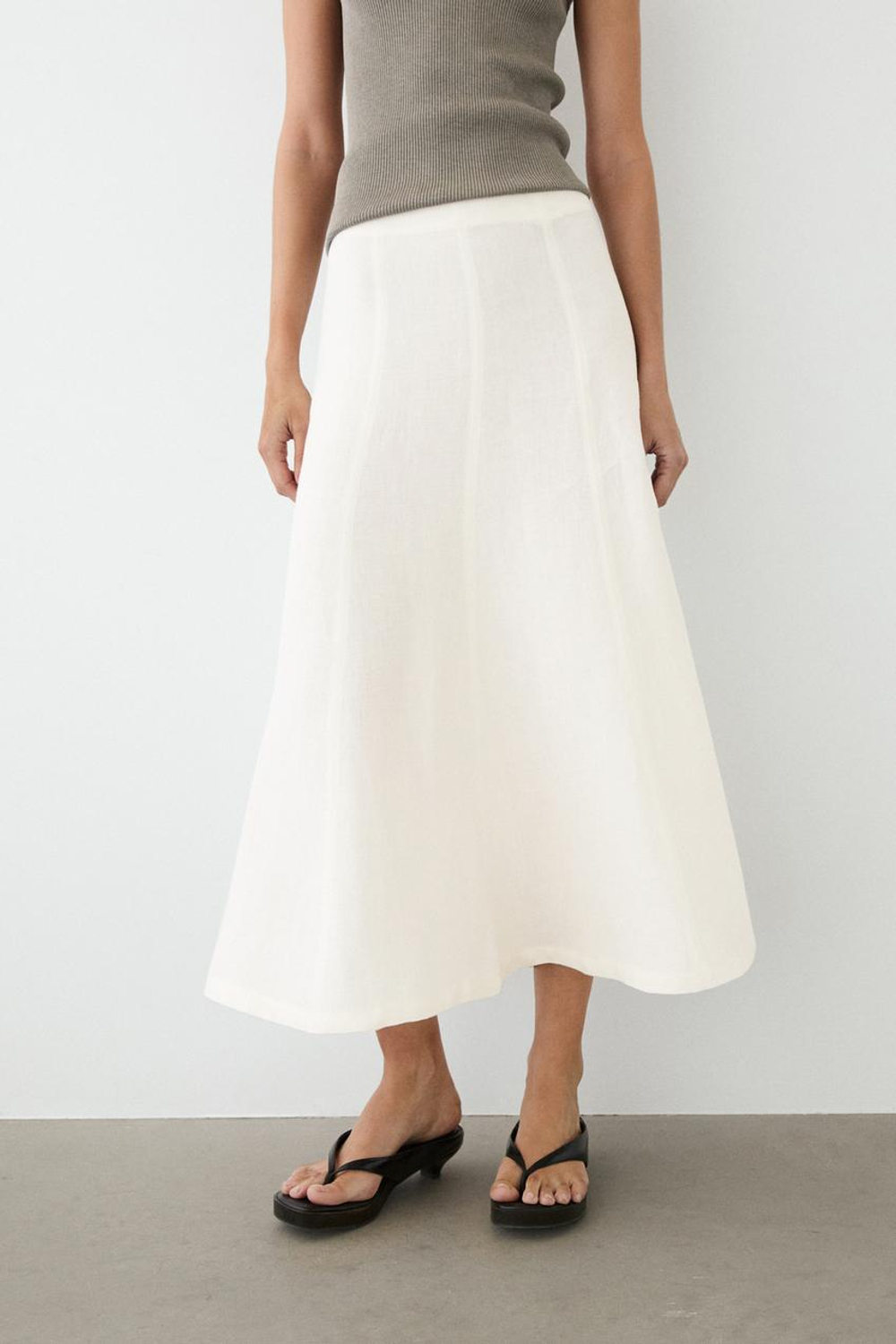 Massimo Dutti Струящаяся юбка миди из 100% льна, белый