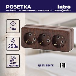 Розетка Intro Quadro 2-206-10 с заземлением трехместная 3х2P+E, 16А-250В, IP20, ОУ, венге