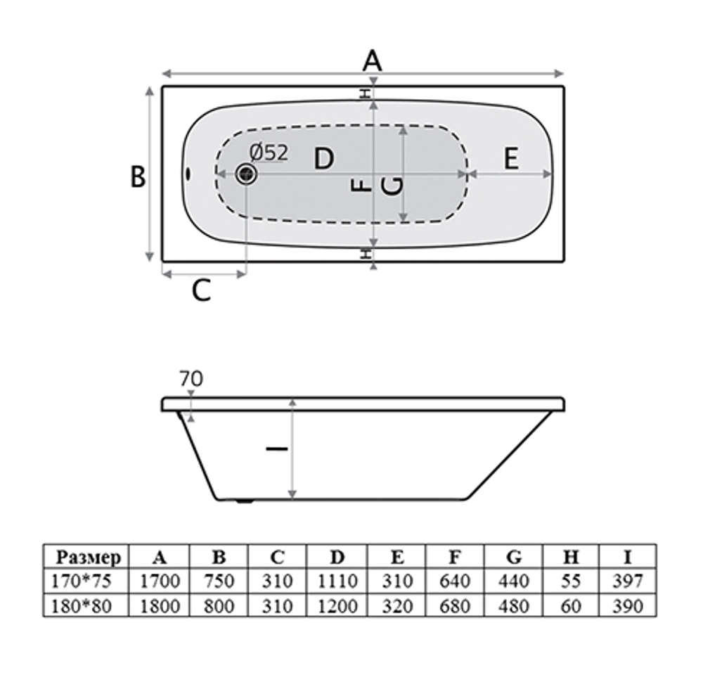 Ванна акриловая Vincea VBT-2S180-FR с каркасом 1800*800*430, пристенная, цвет белый