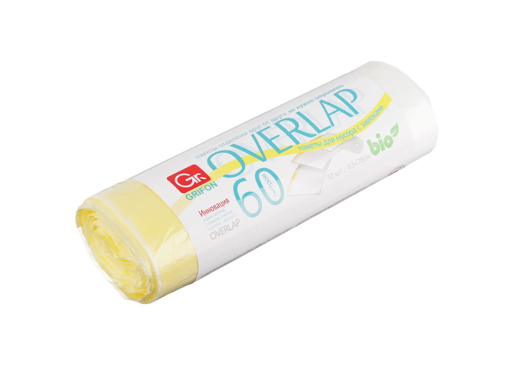 Мешки для мусора 60л 10шт особо прочные БИО OVERLAP с завязками GRIFON (44шт/кор)