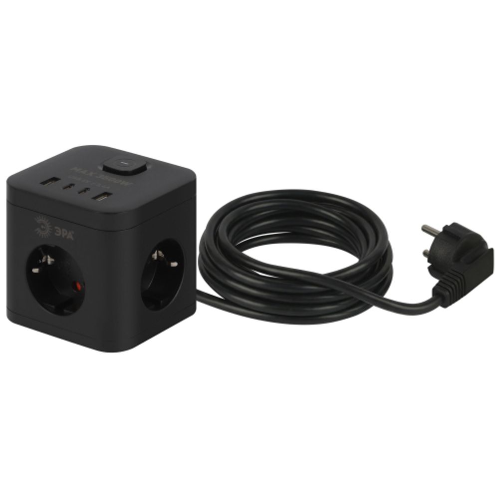 Удлинитель электрический ЭРА CUBE-3es-1,5m-4USB-B куб с заземлением с выключателем 3 розетки+4xUSBA+C 1,5м 16А черный
