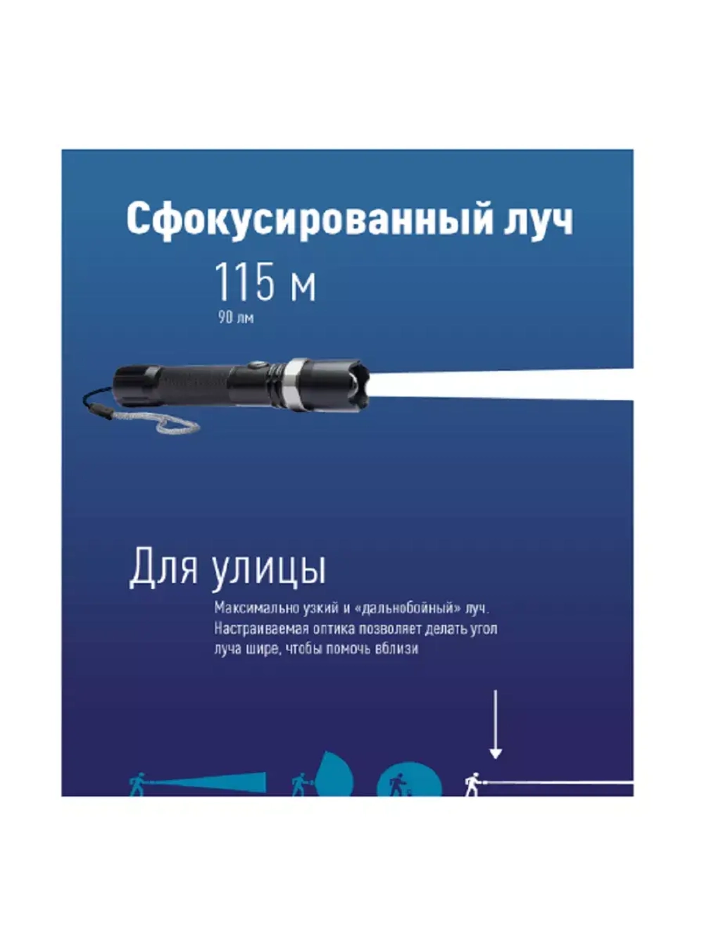Фонарь аккум. 3Вт LED, линза, зум,анод. алюминий, USB-шнур