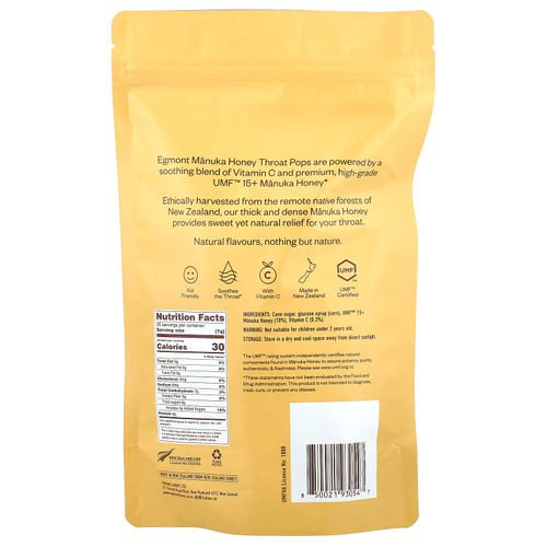 Egmont Honey, Manuka Honey Throat Pops, UMF ™ 15+, 20 леденцов, 140 г (4,94 унции)