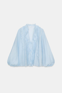 ZARA БЛУЗА С ВОЛАНАМИ, НЕБЕСНО-ГОЛУБОЙ