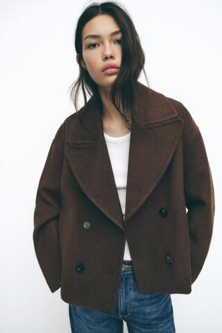 ZARA КОРОТКОЕ ДВУБОРТНОЕ ПАЛЬТО, КОРИЧНЕВЫЙ