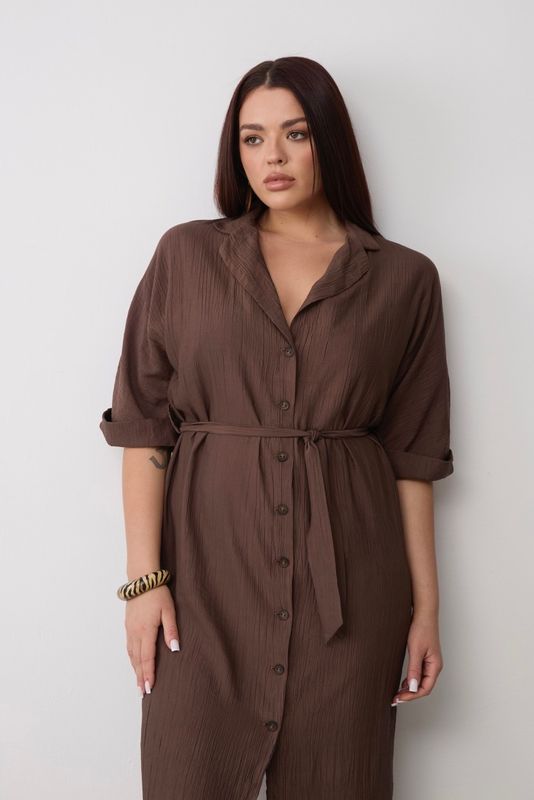 Платье-рубашка из жатой вискозы, трюфель