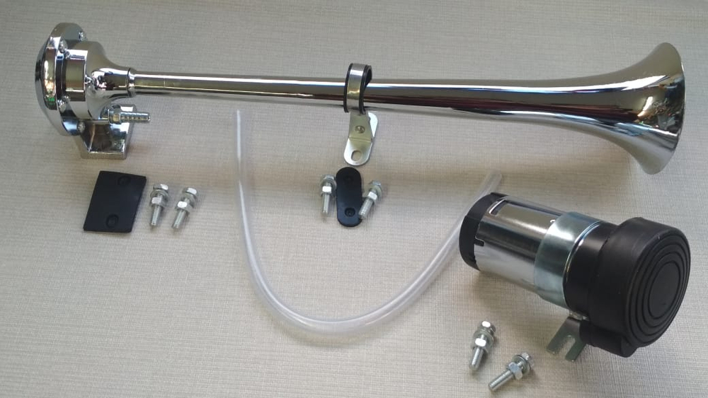 НЕТ - Звуковой воздушный сигнал 1 рожковый, хром, с компрессором 12 V, 390 мм, комплект