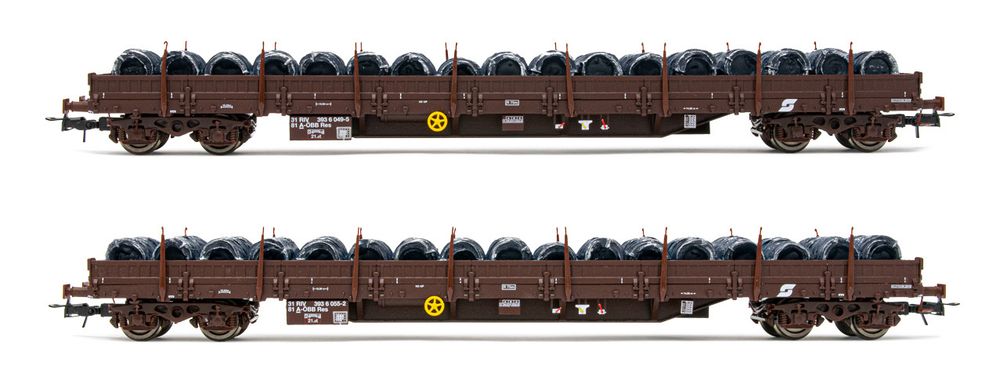 Набор 4-х осн.платформа типа Res груженные проволокой в ​​бухтах, ÖBB, Ep.V-VI