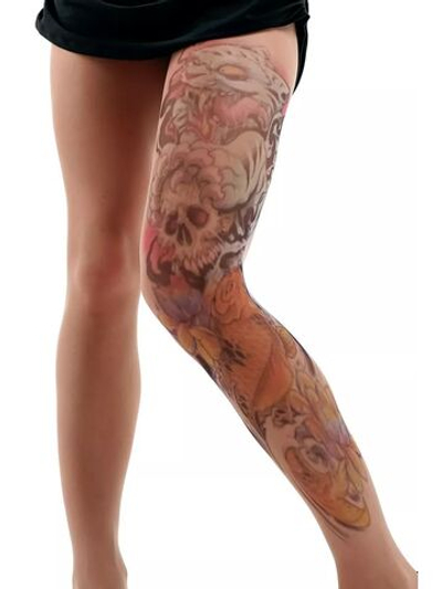 Колготки с имитацией цветной татуировки на всю левую ножку (Размер: S-M-L) (Цвет: бежевый)