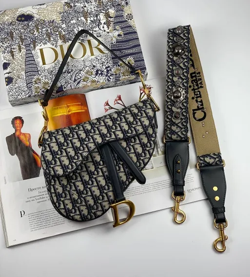 Сумка Dior Oblique жаккард синего цвета