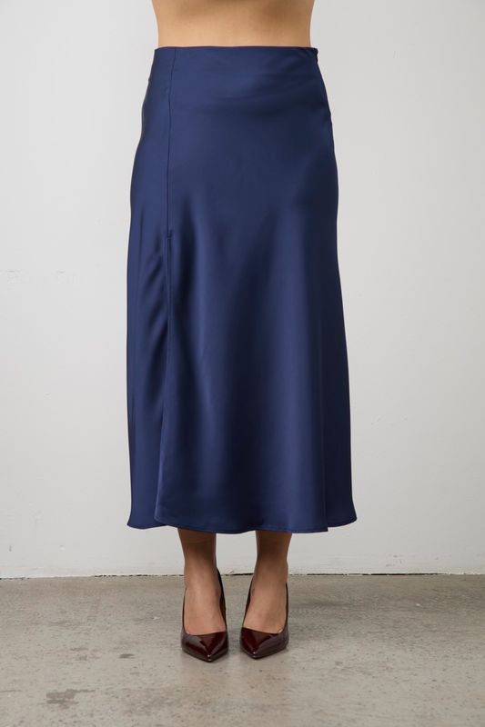 Юбка миди из атласа с разрезом, синий