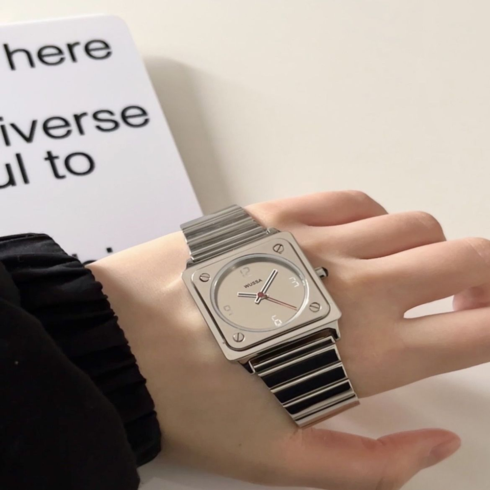 WUSSA ENTER Small Block, Fashion Versatile Quartz Movement Stainless Steel Strap Watch Unisex Silver Dial