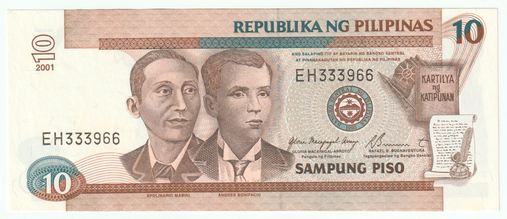 Philippines, 10 Pesos, 2001 – Apolinario Mabini & Andrés Bonifacio (GEM UNC)