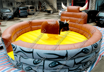 Надувной аттракцион Родео, бык+батут, черный с имитацией под кожу