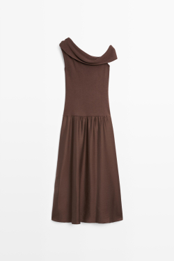 Massimo Dutti Платье миди с открытым плечом, коричневый