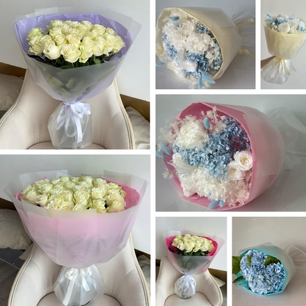 Набор быстросборной упаковки для круглых букетов. Форма № 7-8-9. Матовая прозрачная пленка с цветной тишью.