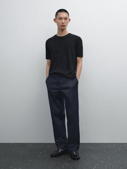 Massimo Dutti Футболка с коротким рукавом из смесового льна, черный