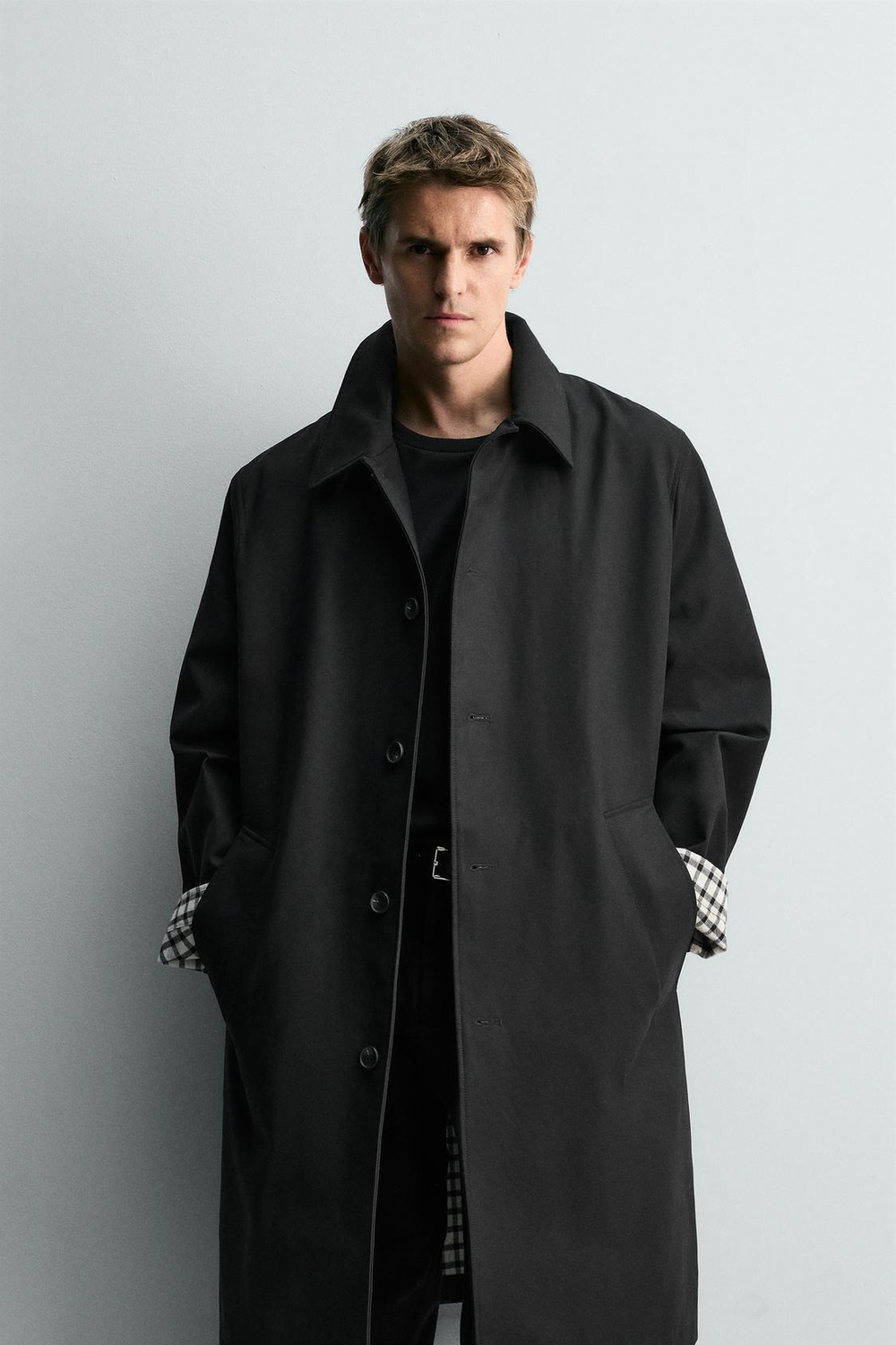 ZARA ТРЕНЧ С КЛЕТЧАТОЙ ОТДЕЛКОЙ, ЧЕРНЫЙ