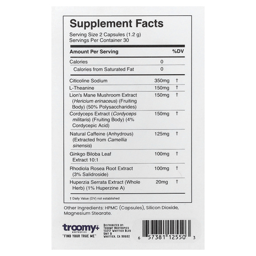 Troomy Nootropics, сила мозга, 60 капсул