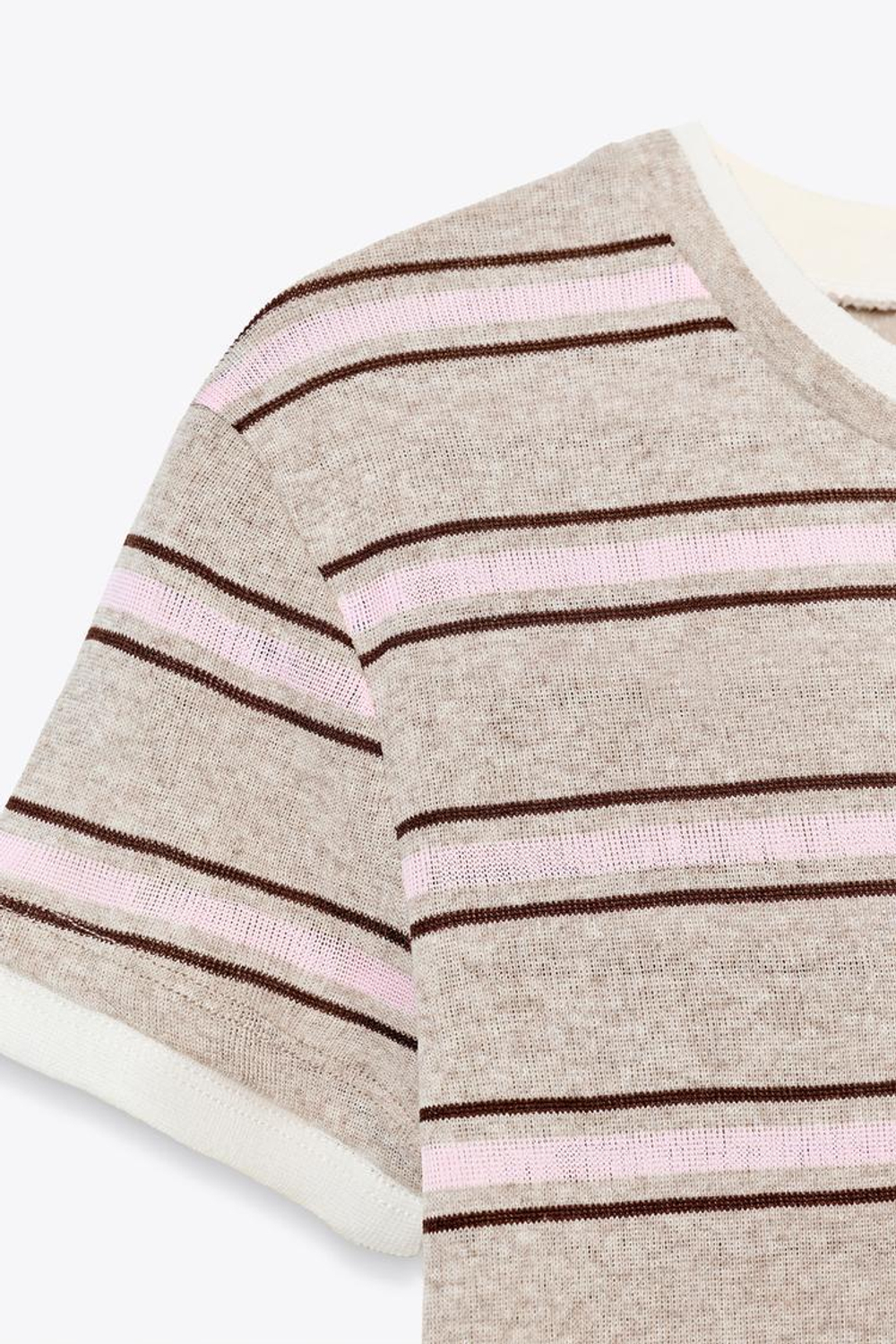 ZARA ФУТБОЛКА ДВОЙНАЯ В ПОЛОСКУ, ЭКРЮ/КОРИЧНЕВЫЙ