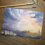 Картина акварельная авторская в паспарту 30х40 см на стену для интерьера "Гроза над Москвой"