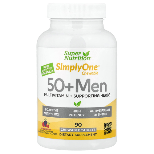 Super Nutrition, SimplyOne®, жевательные мультивитамины и поддерживающие травы для мужчин старше 50 лет, вкус ягод, 90 жевательных таблеток