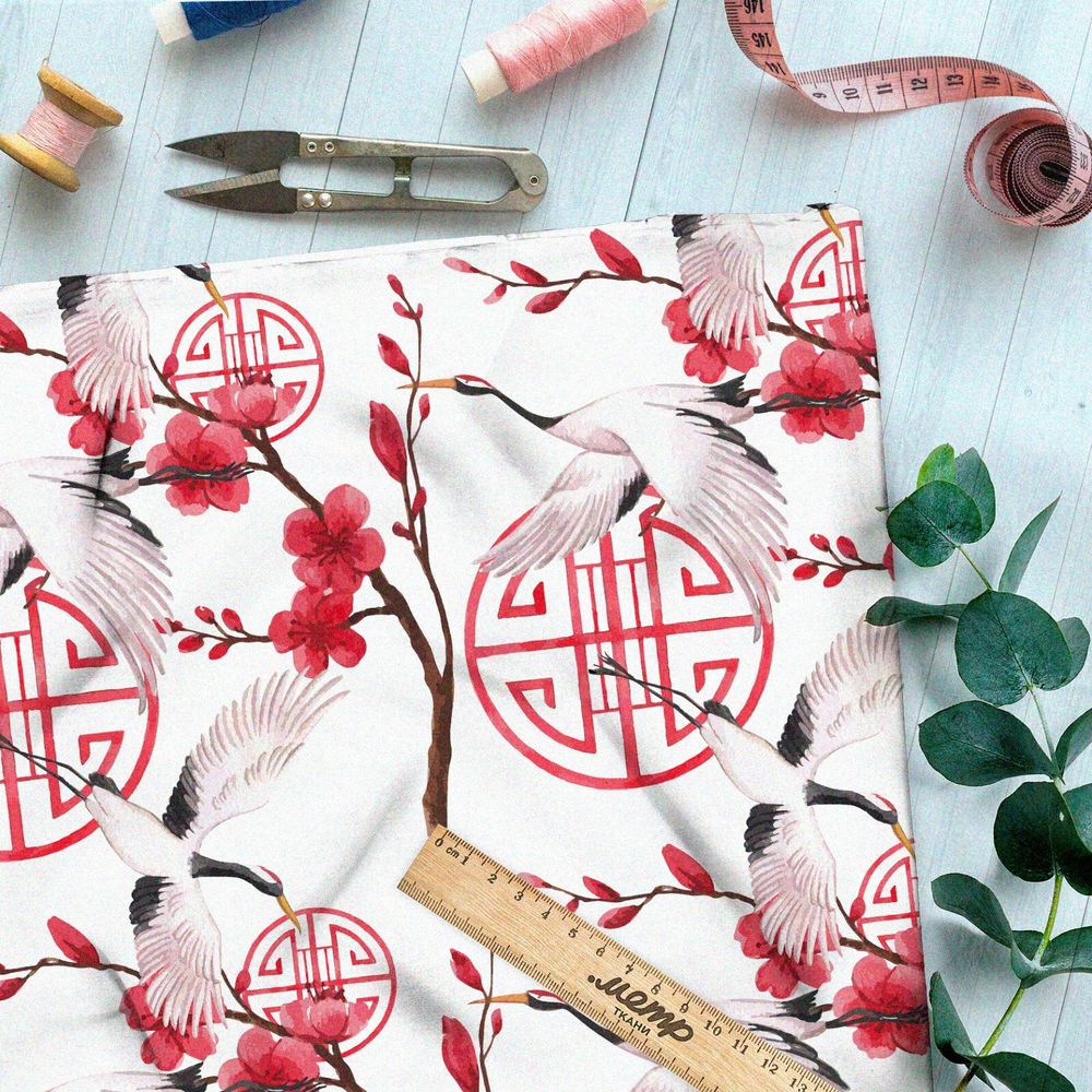 Ткань бифлекс летящие журавли и цветущая сакура
