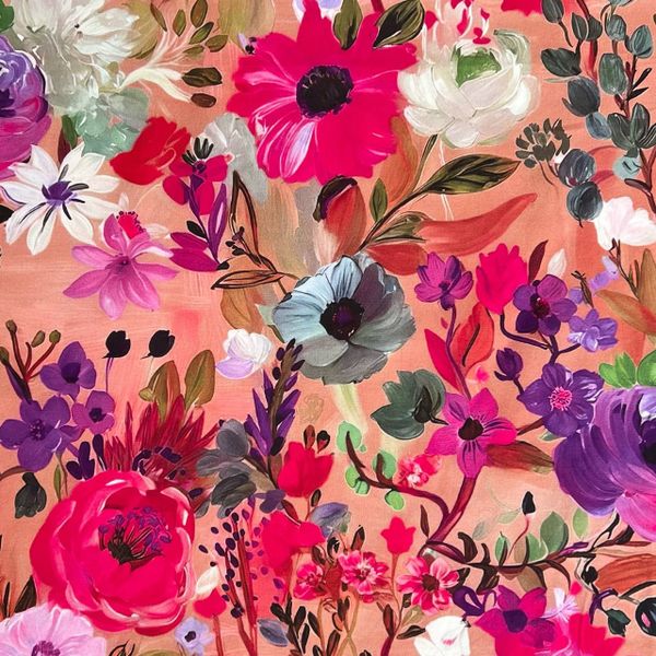 ЯРКИЕ АКВАРЕЛЬНЫЕ ЦВЕТЫ НА ПЫЛЬНО РОЗОВОМ - 100% ХЛОПОК 1