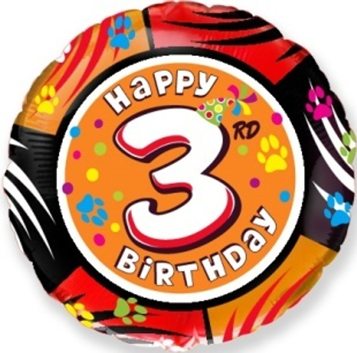 Шар (18''/46 см) Круг, 3 Цифра, Happy Birthday, 1 шт.