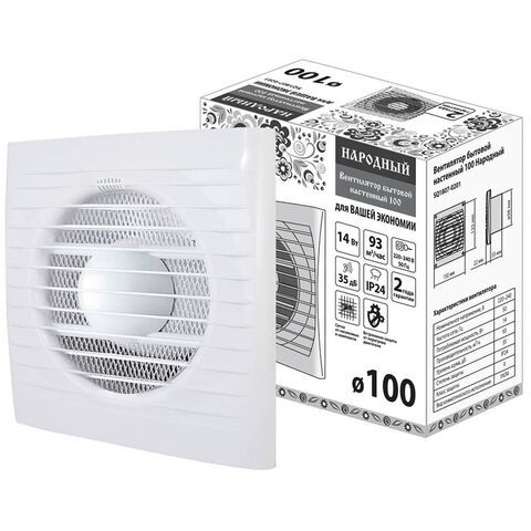 Вентилятор вытяжной настен, TDM, d100 мм, 14 Вт, 93 м3/ч, Народный, SQ1807-0201