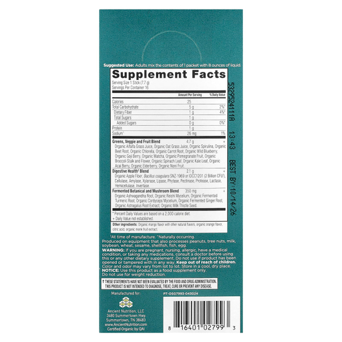 Ancient Nutrition, Organic Super Greens, манго, 16 пакетиков в виде стиков по 7,7 г (0,3 унции)