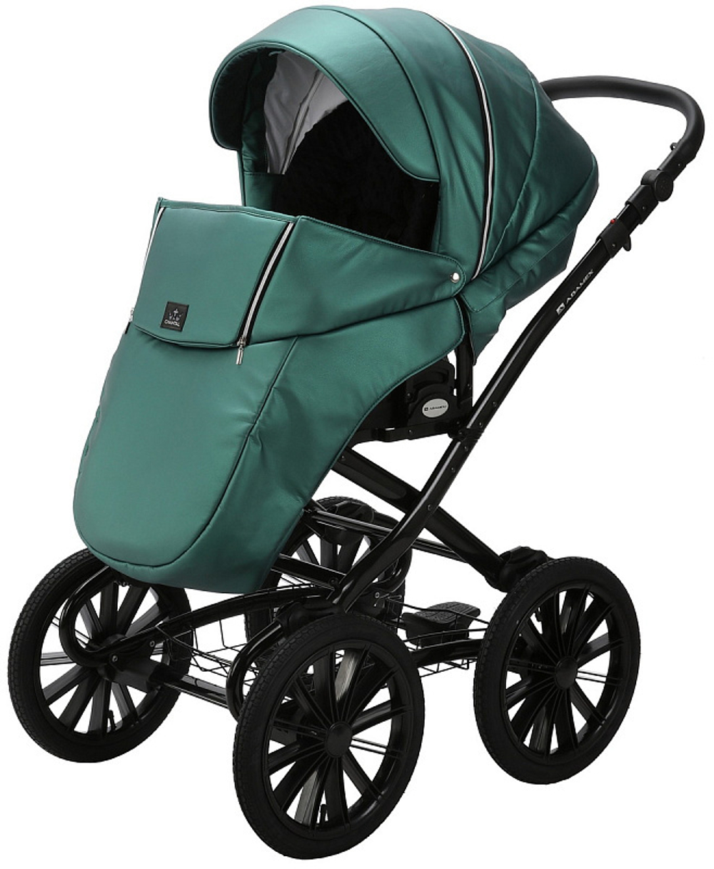 Детская коляска Adamex Chantal Retro Deluxe 2 в 1 C105A (ИЗУМРДНАЯ 100% КОЖА-ХРОМ МОЛНИИ)