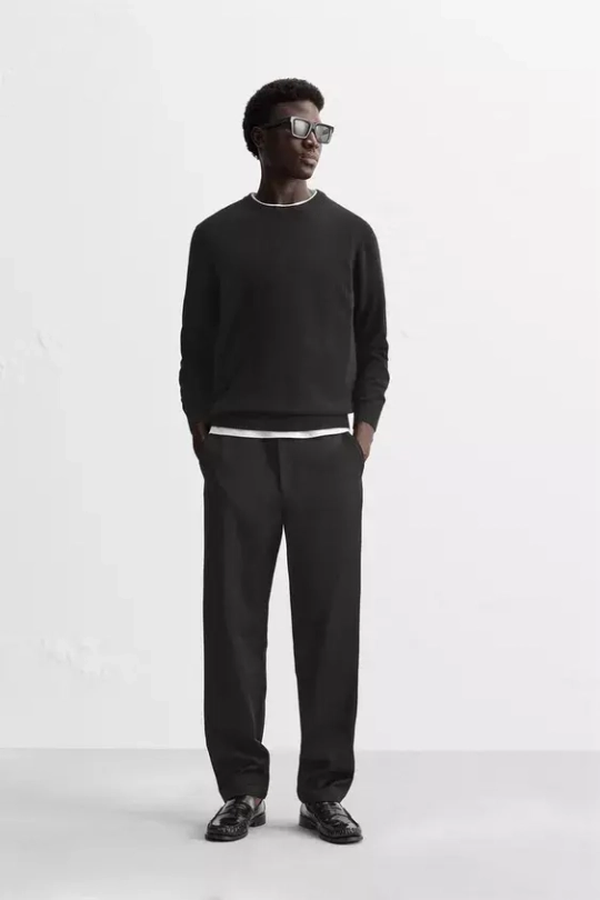 ZARA БРЮКИ ИЗ ХЛОПКА И ШЕРСТИ, ЧЕРНЫЙ
