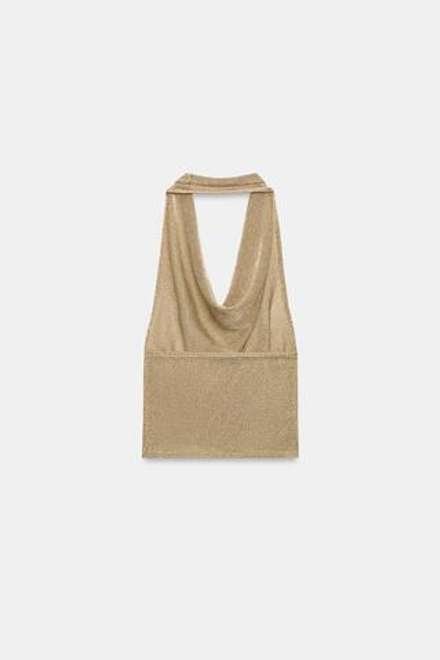 ZARA ТРИКОТАЖНЫЙ ТОП ХАЛТЕР С БЛЕСТЯЩЕЙ НИТЬЮ, ЗОЛОТИСТЫЙ