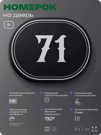 Номерок на дверь квартиры 71, для кабинета, офиса, шильдик 9 х 7 см, черный, Айдентика Технолоджи