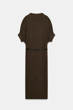 ZARA ТРИКОТАЖНОЕ ПЛАТЬЕ С РЕМНЕМ, СЕРО-КОРИЧНЕВЫЙ