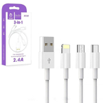 Кабель USB DENMEN D22E 3 в 1 для iPhone/Micro/Type C (белый) 1m