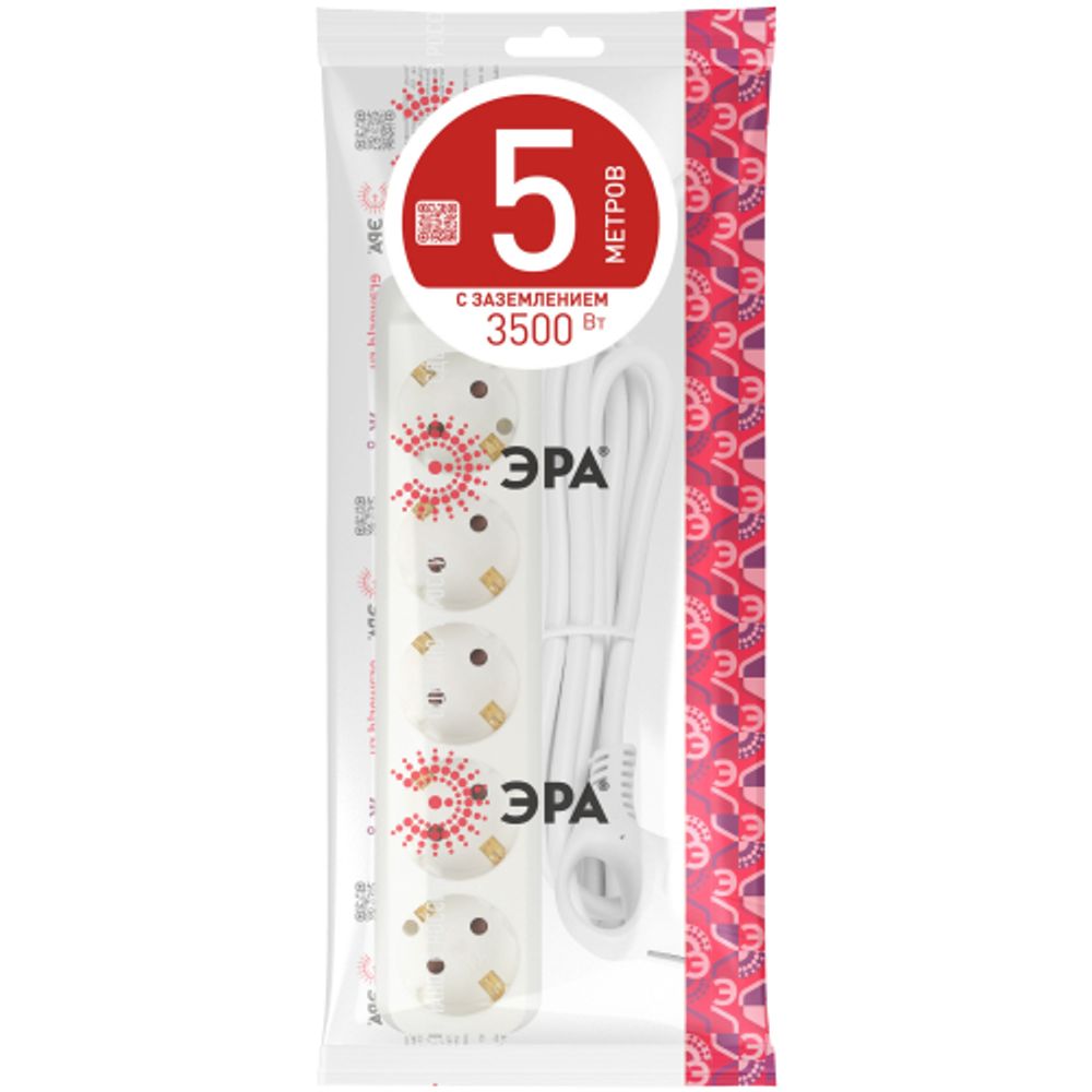 Удлинитель электрический ЭРА U-5e-5m-3x1 с заземлением 5 розеток 5м ПВС 3x1мм2 16А | Бытовые удлинители