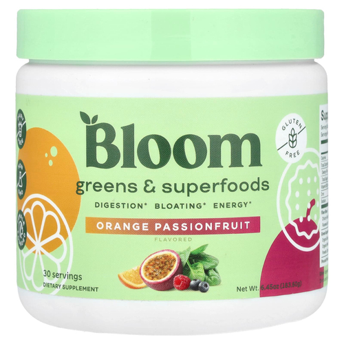 Bloom, зелень и суперфуды, со вкусом маракуйи с апельсина, 183,6 г (6,45 унции)