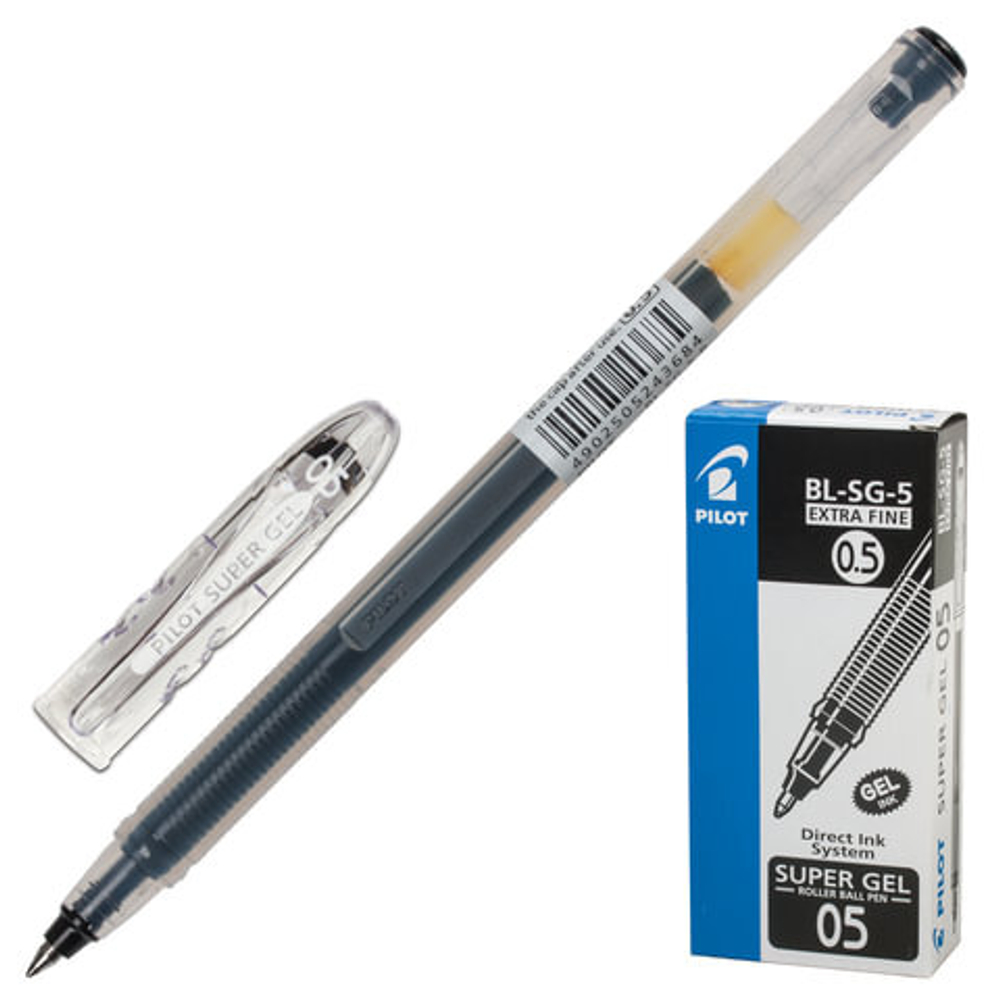 Ручка гелевая PILOT Super Gel, ЧЕРНАЯ, корпус прозрачный, узел 0,5мм, линия 0,3мм, BL-SG-5