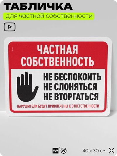 Табличка для частной территории "Частная собственность", на дом, для участка, организаций, предупреждающая, 40х30 см, Silver Plane x Айдентика Технолоджи