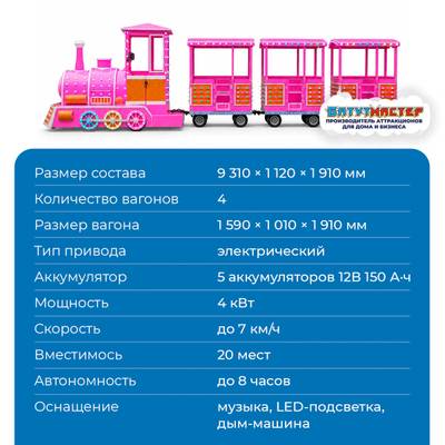 Аттракцион паровозик «Сахарная мечта», 4 вагона, 20 мест