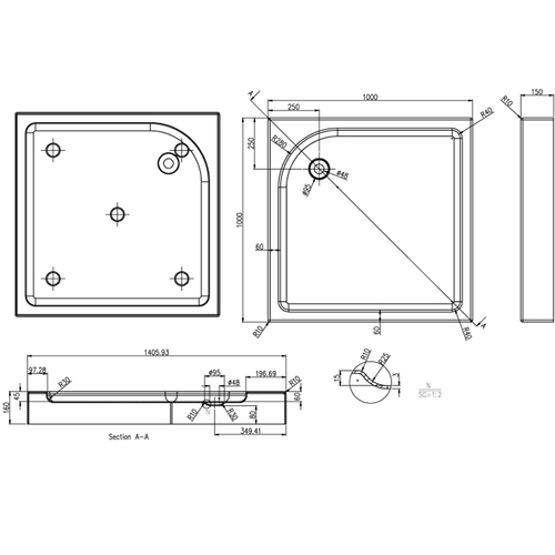 Душевой поддон Azario 1000х1000х150 R/L, для GREENWOOD 1000, NAG 1221 1000