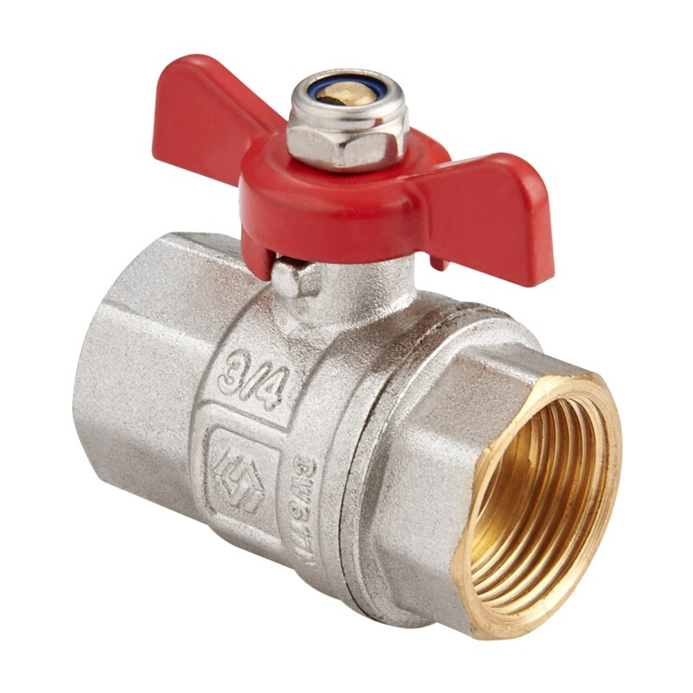 Кран латунный шаровой MVI BV.513, DN 20, PN 40, никелированный, полнопроходной, муфта-муфта, бабочка
