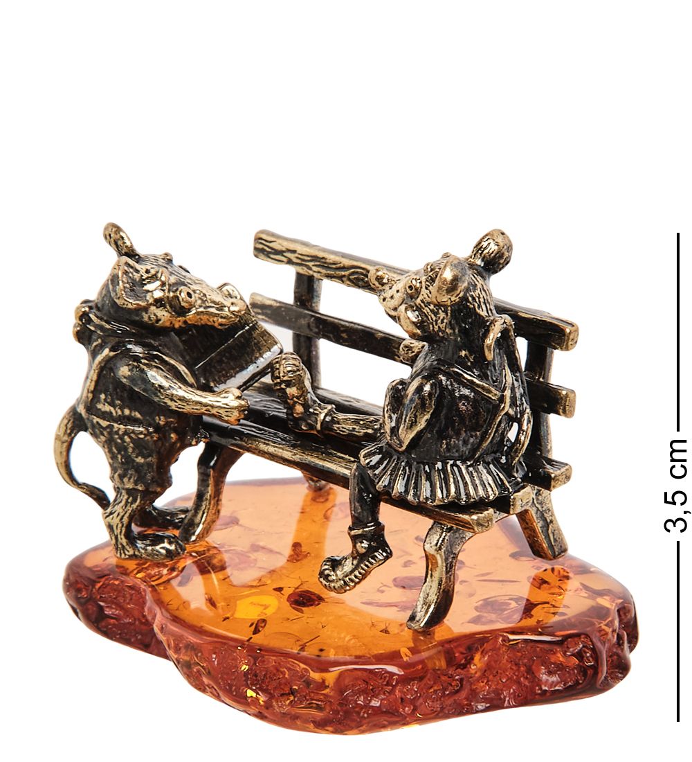 Народные промыслы AM-2051 Фигурка «Мышки на скамейке» (латунь, янтарь)