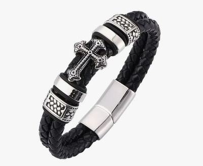 Браслет черный кожаный плетеный с крестом на магнитном клапане