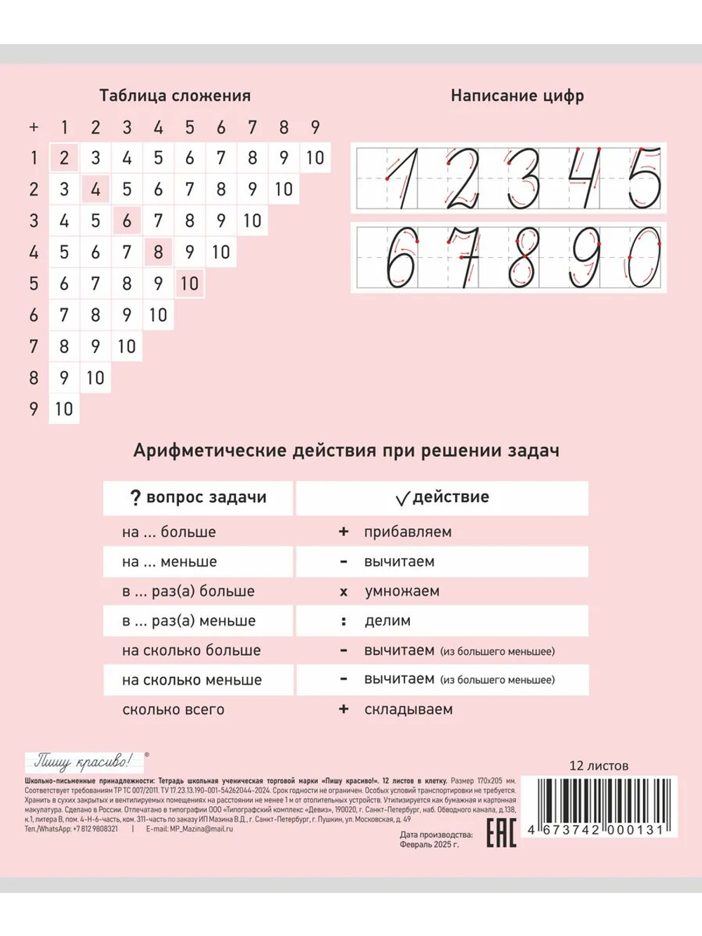 Набор тетрадей в клетку (таблица сложения), 12 л, розовая обложка, 10 шт