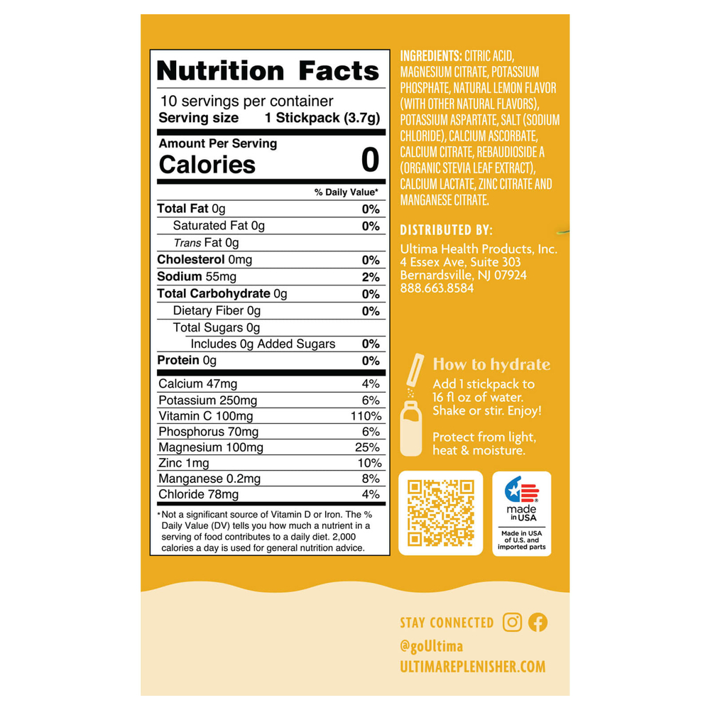 Ultima Replenisher, 6 Essential Electrolytes, ежедневная смесь для приготовления электролитов, лимонад, 10 пакетиков по 3,7 г (0,13 унции)