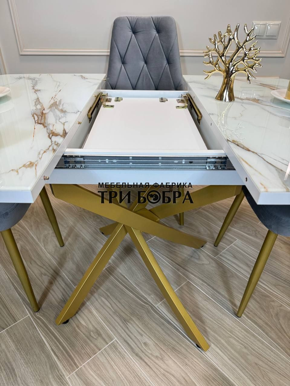 Кухонный раздвижной стол "ТАНГО" , белый мрамор и 4 стула Лондон