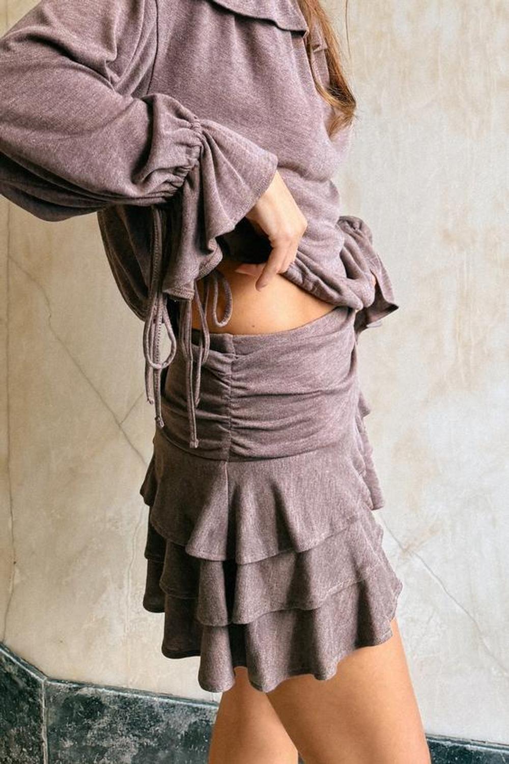 ZARA ЮБКА С МЯГКИМИ ВОЛАНАМИ, КОРИЧНЕВЫЙ МЕЛАНЖ